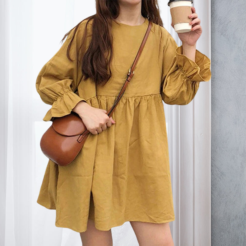 Long Sleeve Pleated Mini Cotton Linen Dress