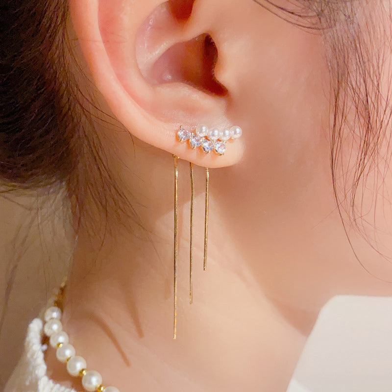 Simple Peral Curved Two-way Tassel Stud Earring