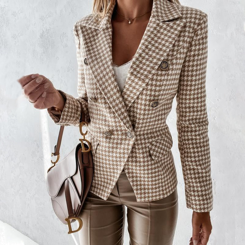 Women's Fashion Long Sleeve Suit Plaid Jacket