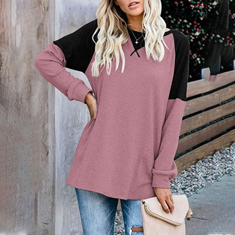 Round Neck Long Sleeve Color Block T-Shirt