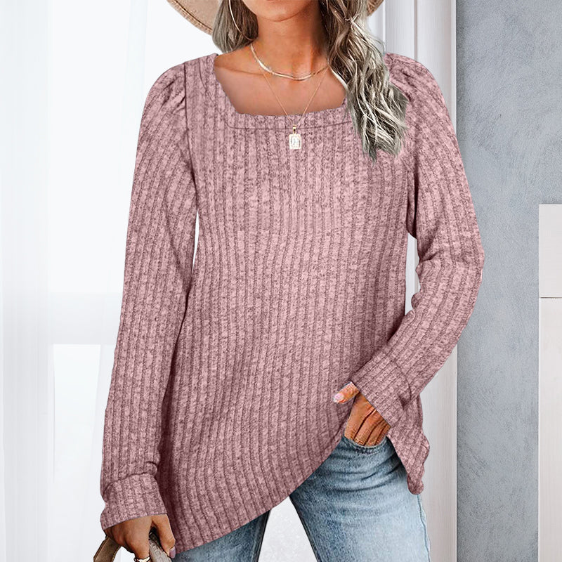 Square Neck Pit Strip Brushed Casual Sweater