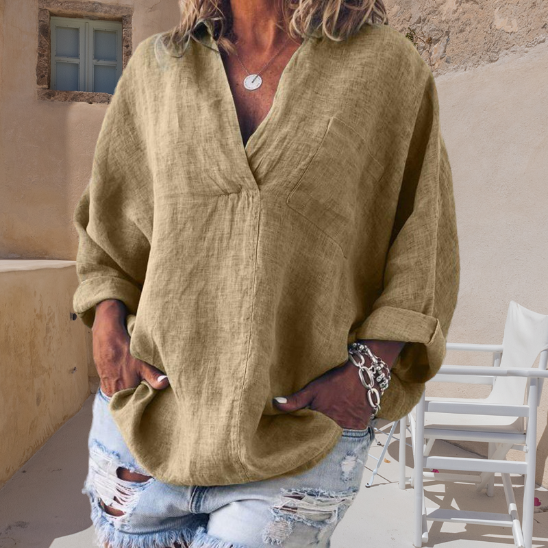 Oversized Loose Long Sleeve V-Neck Linen Shirt