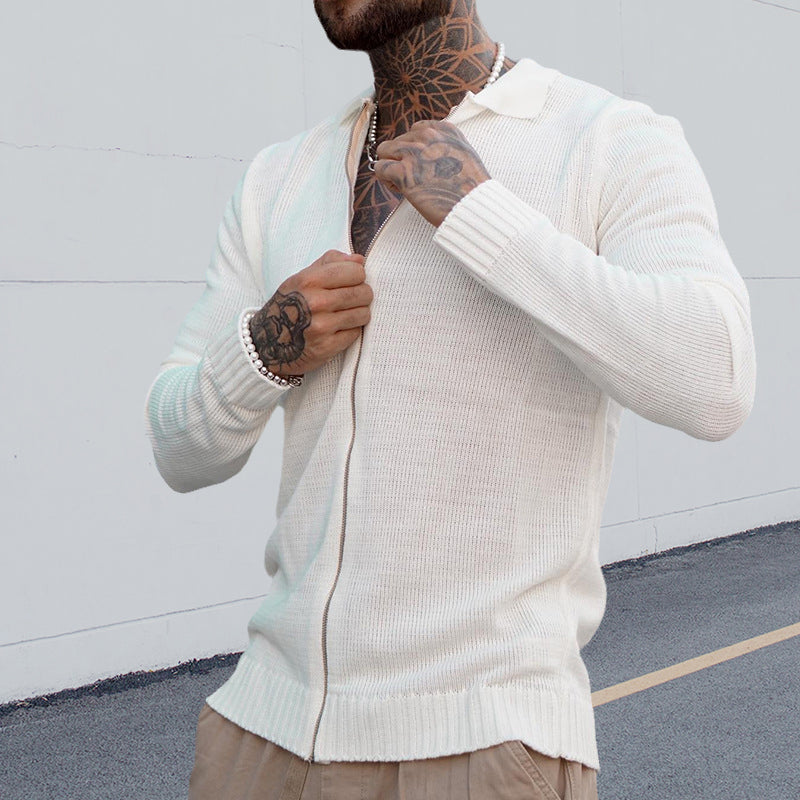 Men's White Long Sleeve Casual Fashion Zip Knit Sweater
