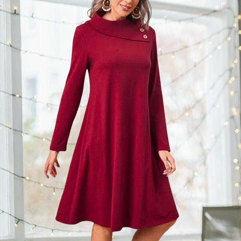 Solid Color Christmas Dress with Elegant Buttons
