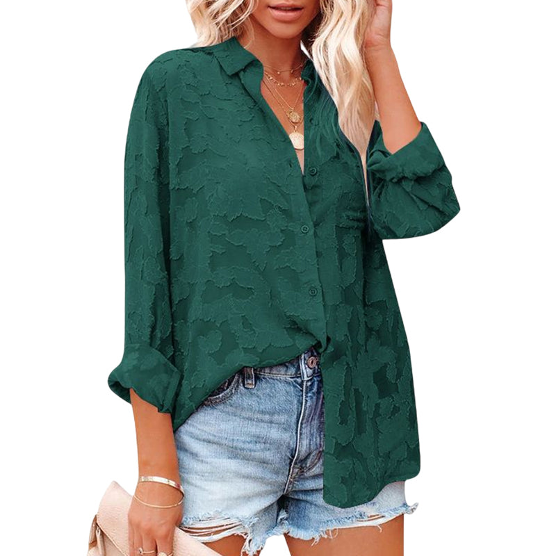 Solid Color Cutout Chiffon Jacquard Button Long Sleeve Shirt