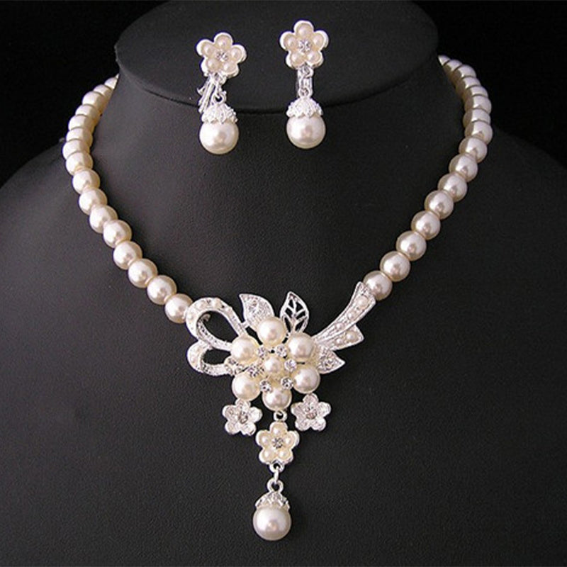 Crystal Diamond Pearl Necklace And Earring Set