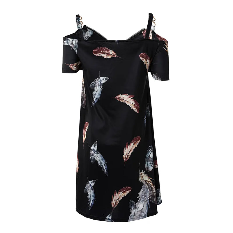 Feather Print Cold Shoulder Pocket Design Casual Dress