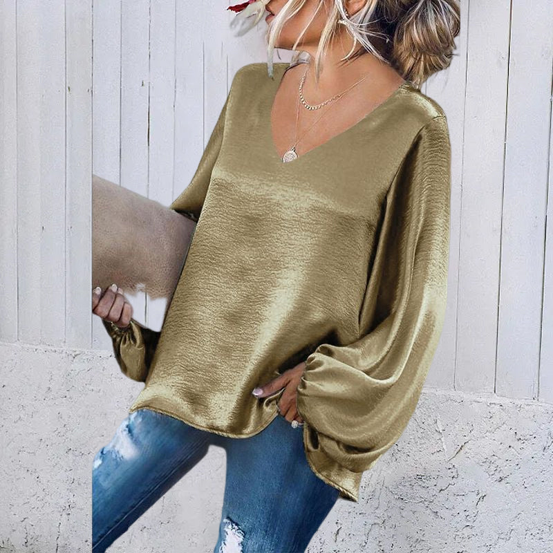 V-Neck Satin Long Sleeve Shirt