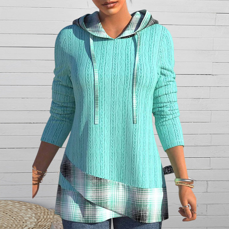 Hooded Plaid Knit Top