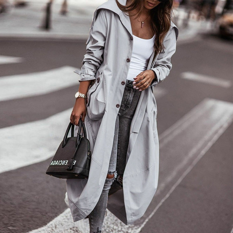 Single Breasted Pocket Design Belted Hem Trench Coat