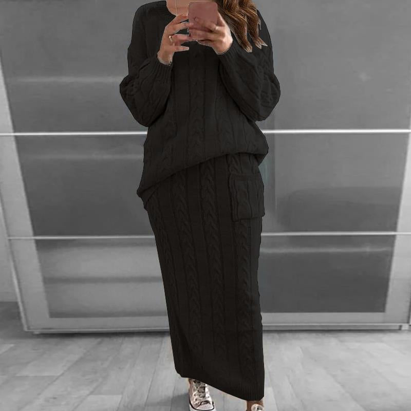 Cable Knit Patched Pocket Skirt Set
