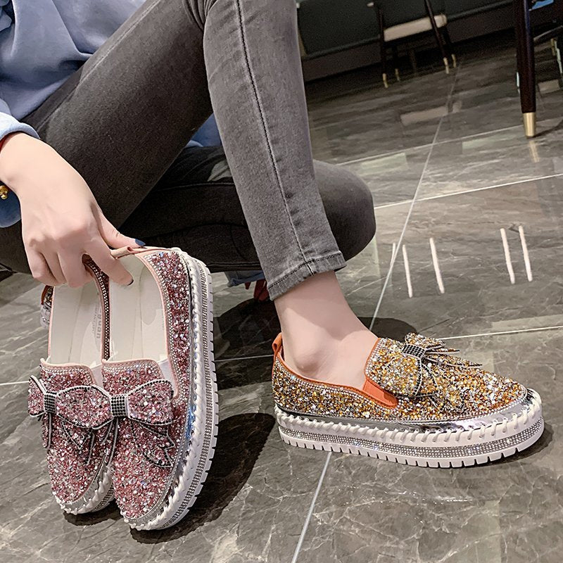 Thick Botton Casual Ladies Crystal Shoes