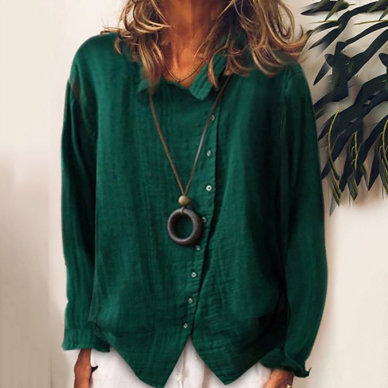 Solid Color Cotton Linen Lapel Shirt
