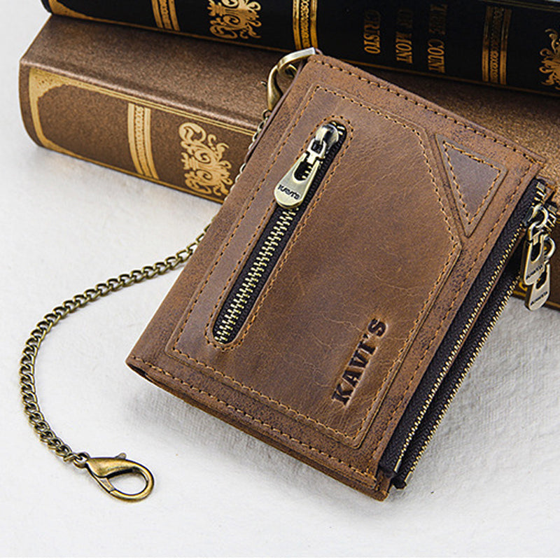 Vintage RFID PU Leather Bifold Coin Wallet With Chain