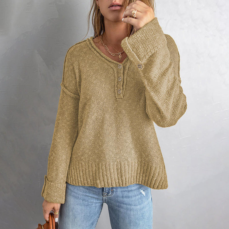 Button Knit Dropped Shoulder Sweater