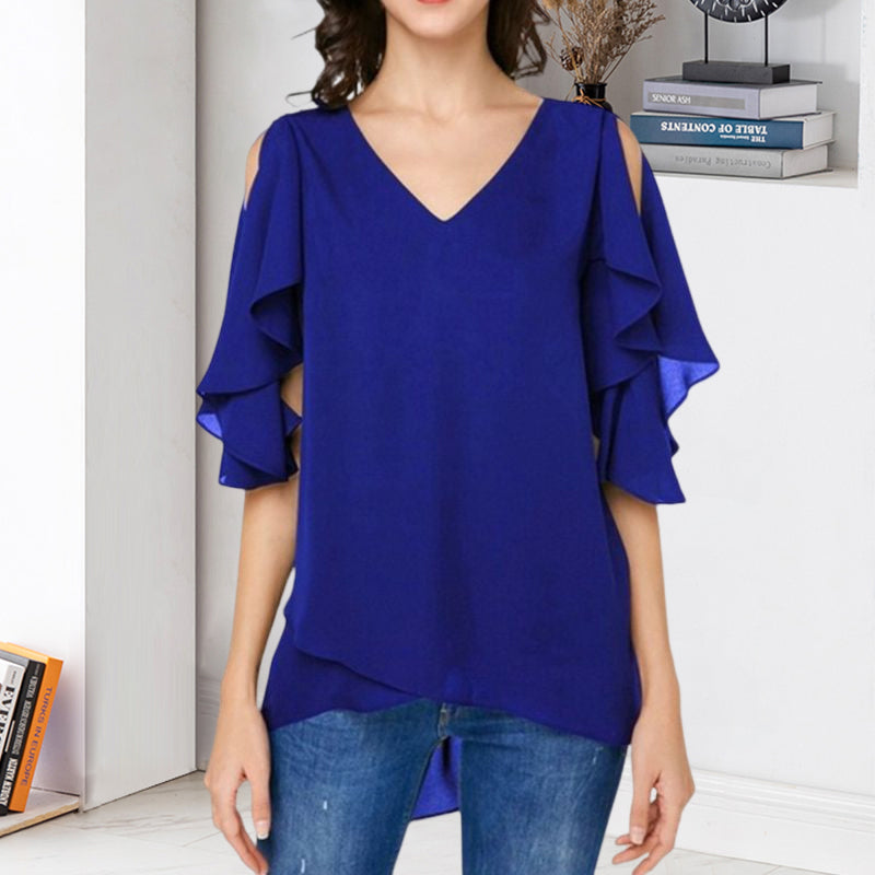 Women's Leaky Shoulder Lotus Leaf Sleeves Chiffon Top
