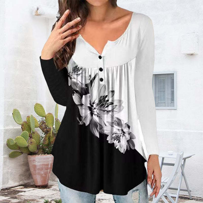 Printed Button Loose Long Sleeve T-Shirt