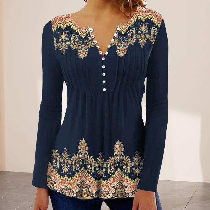 Round Neck Button Print Long Sleeve Top