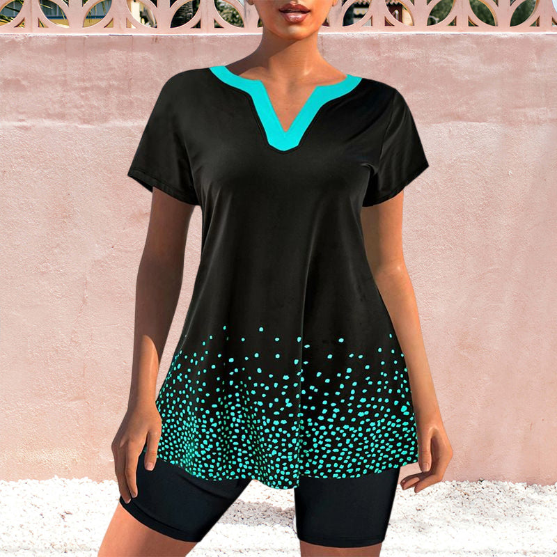 Conservative V Neck Polka Dot Swimsuit