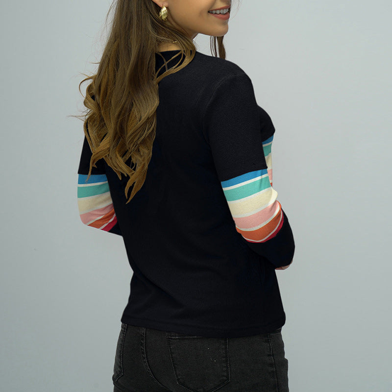 Crew Neck Long Sleeve Rainbow Stripe Panel T-Shirt