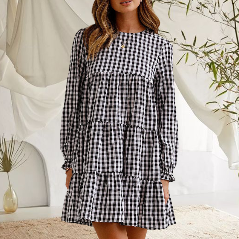 Round Neck Plaid Dress