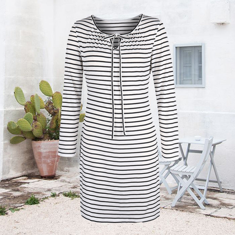 Cord Tie Striped Long Sleeve Dress