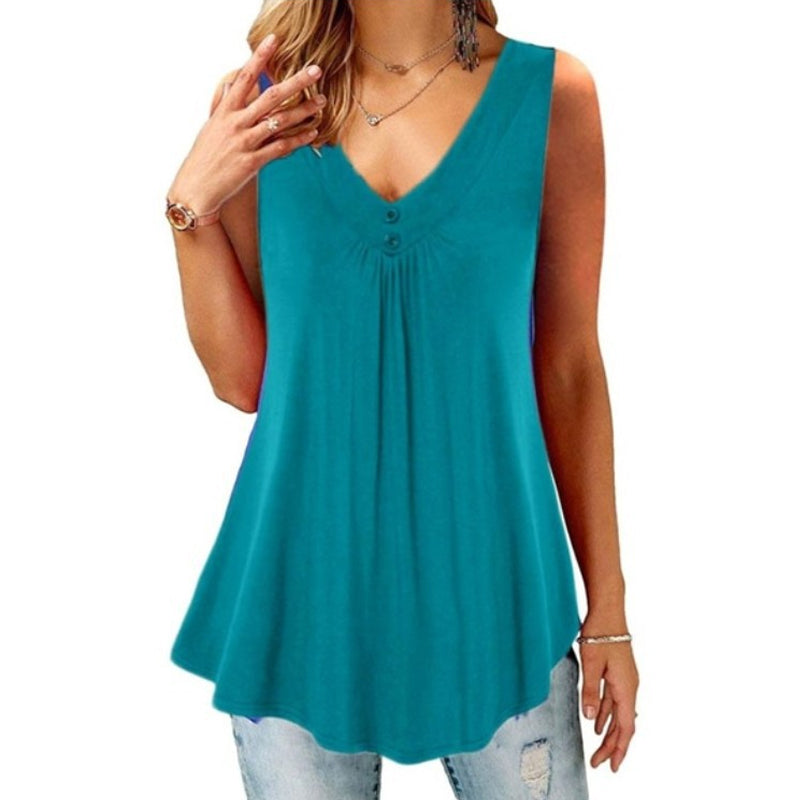 Solid V-Neck Pleated Button T-Shirt