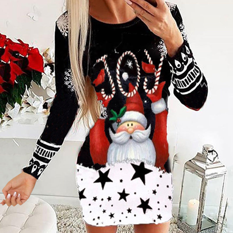 Long Sleeve Round Neck Pullover Christmas Print Sexy Pack Hip Dress