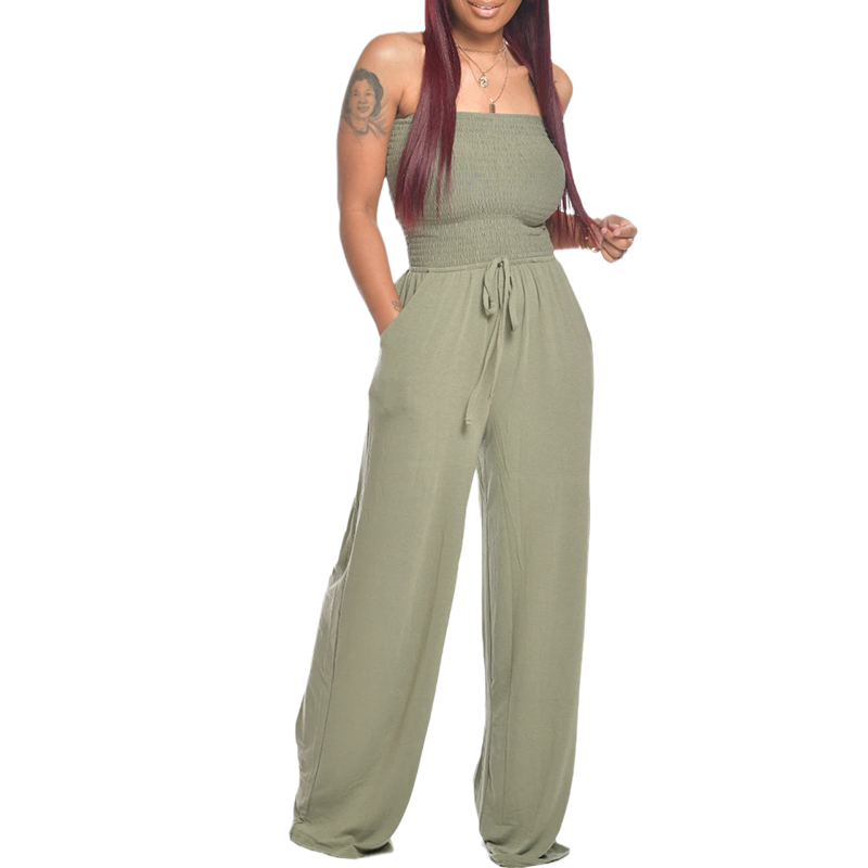 Asymmetric Solid Color Smocked Jumpsuit