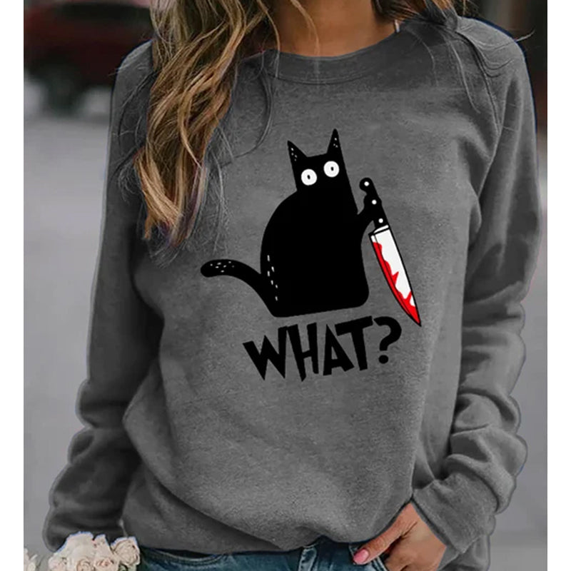 Halloween Fun Print Black Cat Sweatshirt