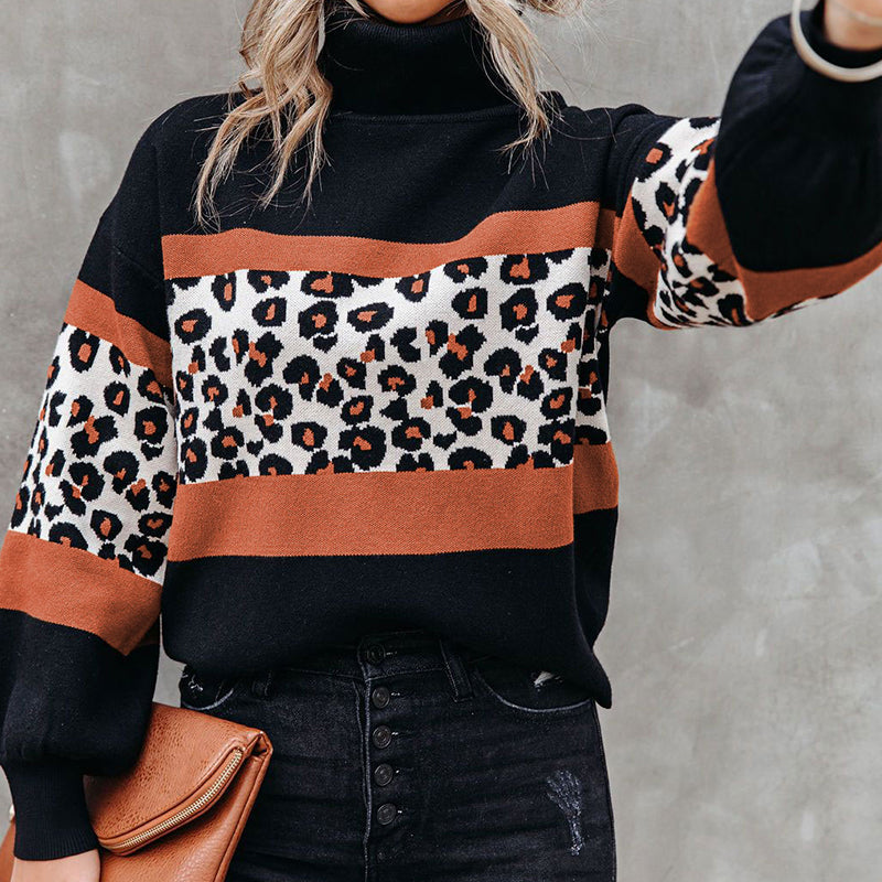 Turtleneck Leopard Print Colorblock Knitted Sweater