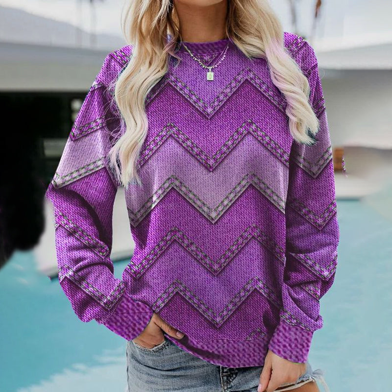 Women's Wavy Denim Print Casual Long Sleeve Sweater
