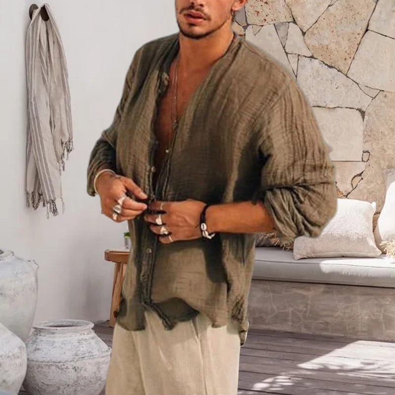 Men's Linen Simple Design Long Sleeve Shirt