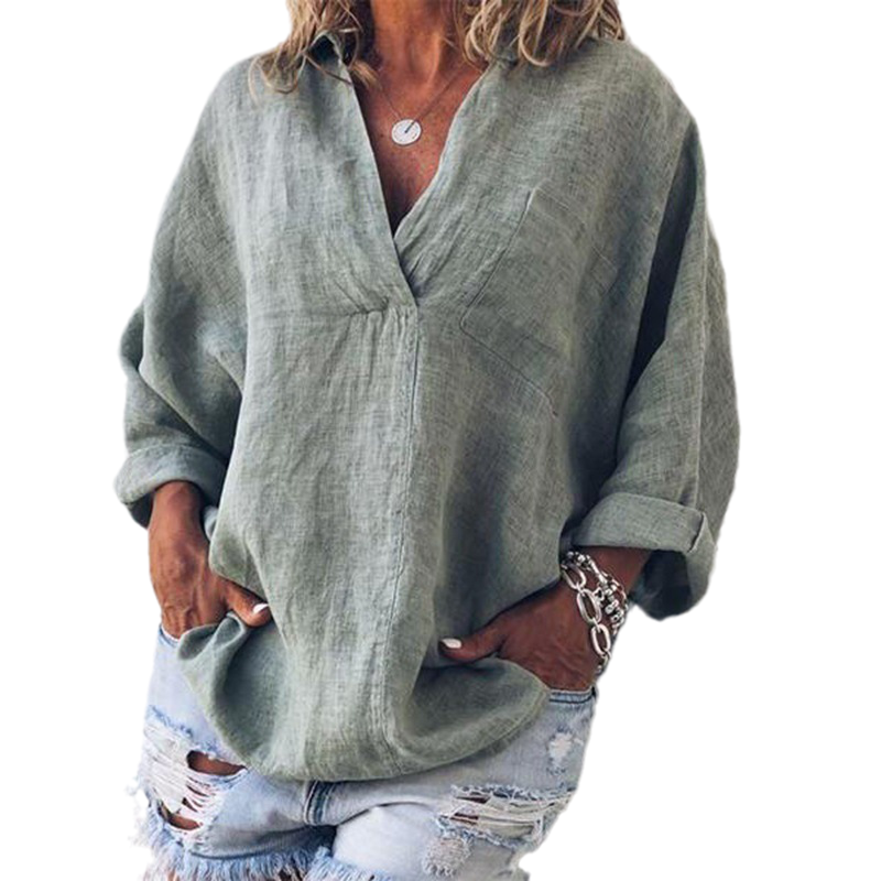 Oversized Loose Long Sleeve V-Neck Linen Shirt
