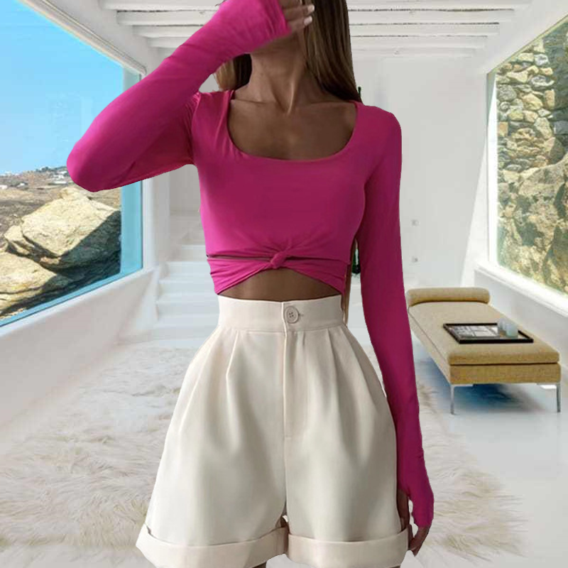Long Sleeve Crewneck Tie Knot Top T-Shirt