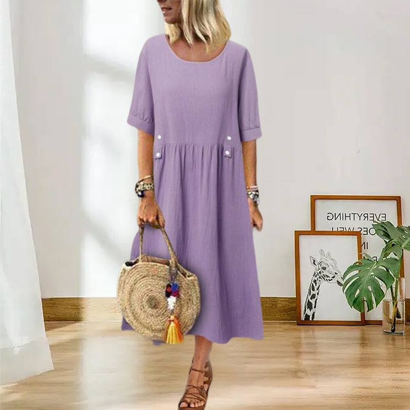 Women's Crew Neck Ruched Button Cotton Linen Dress