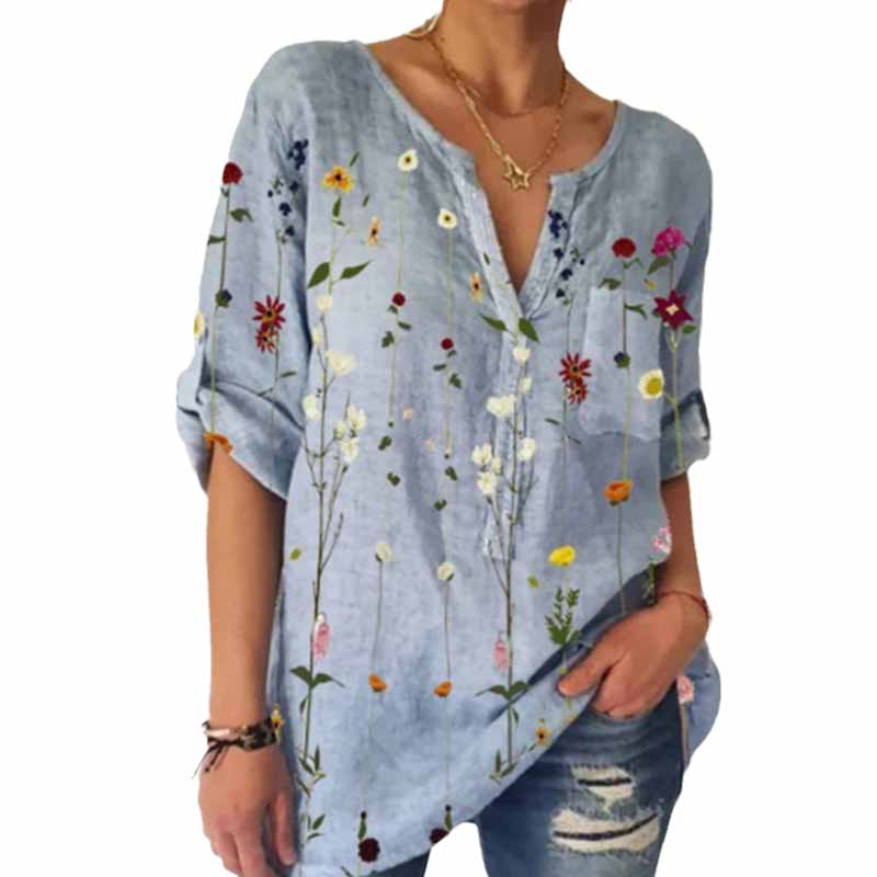 Loose Print V-Neck 3/4 Sleeve Shirt