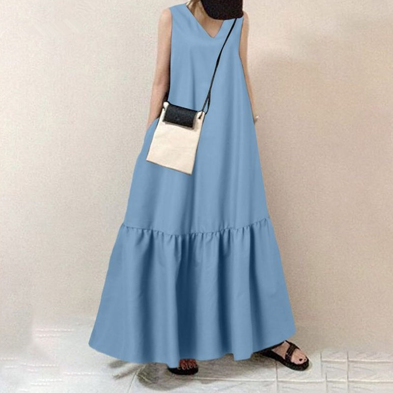 V-Neck Solid Color Sleeveless Pocket Long Dress