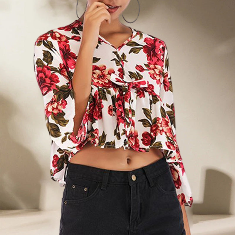 Ladies Summer V-Neck Flared Sleeve Printed Chiffon Shirt