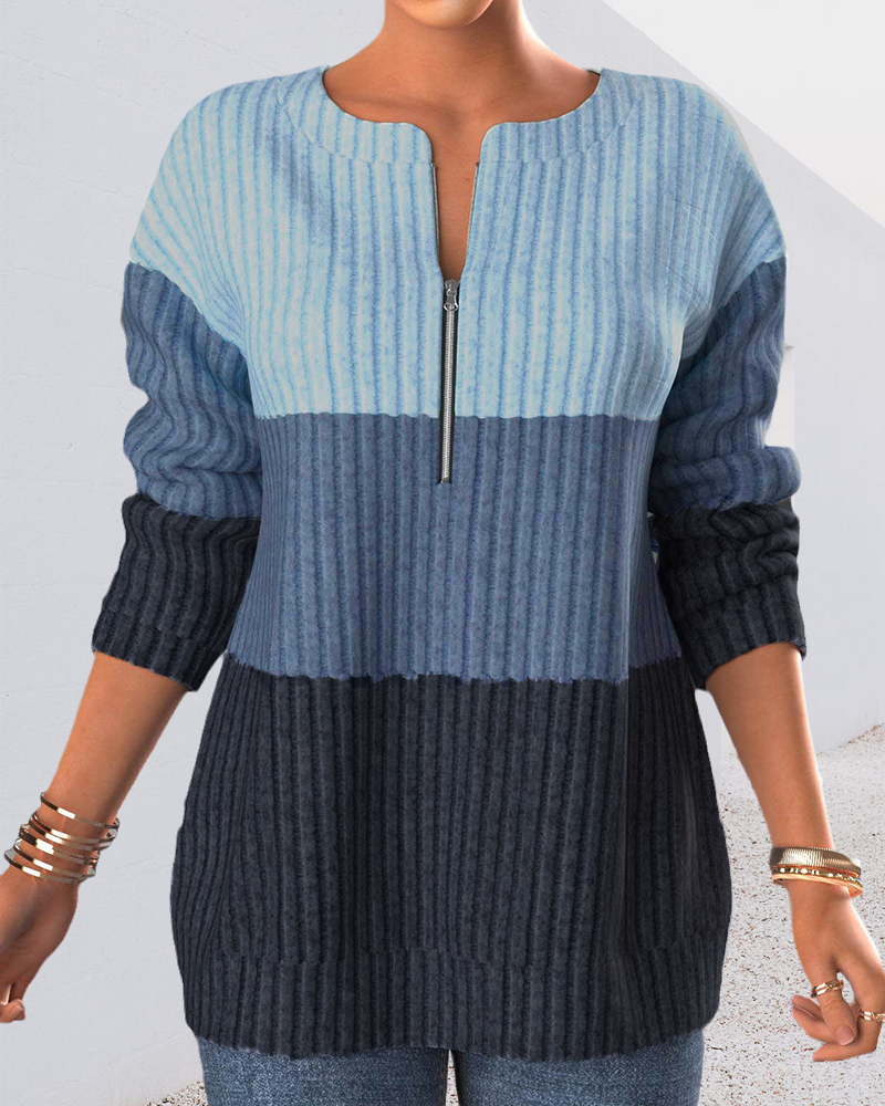 Color Block Zipper Blouse