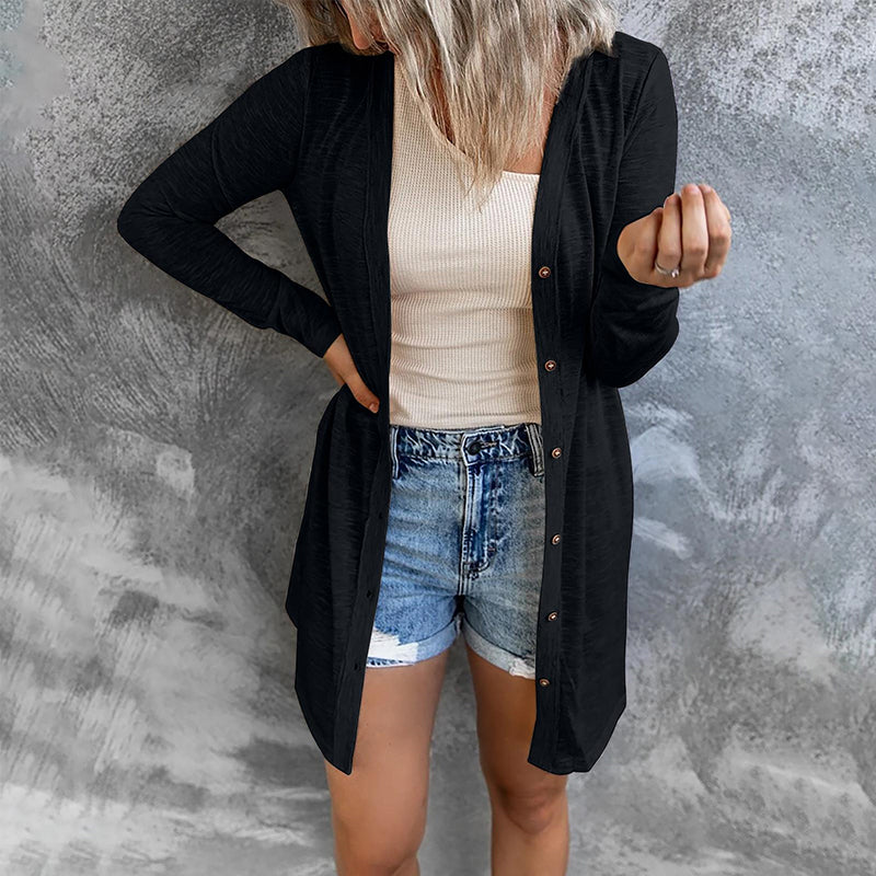 Button Solid Long Sleeve Cardigan