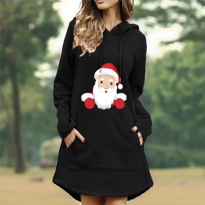 Christmas Print Hooded Long Sleeve Sweater Dress