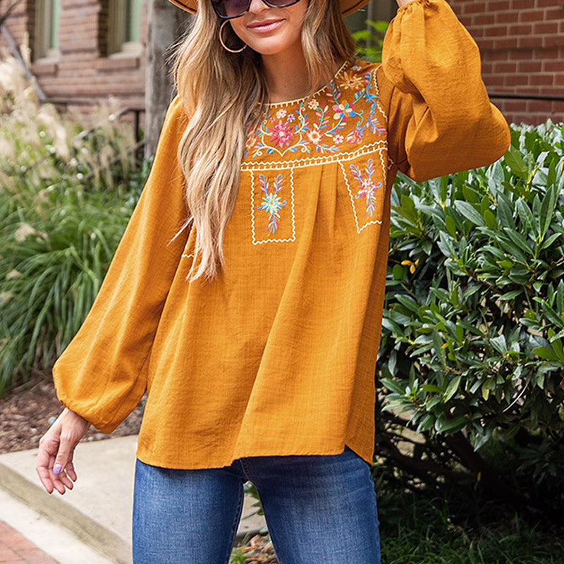 Ethnic Puff Sleeve Loose Crew Neck Pullover Top