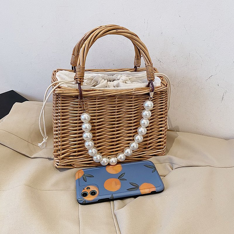 Faux Pearl Handle Straw Square Bag