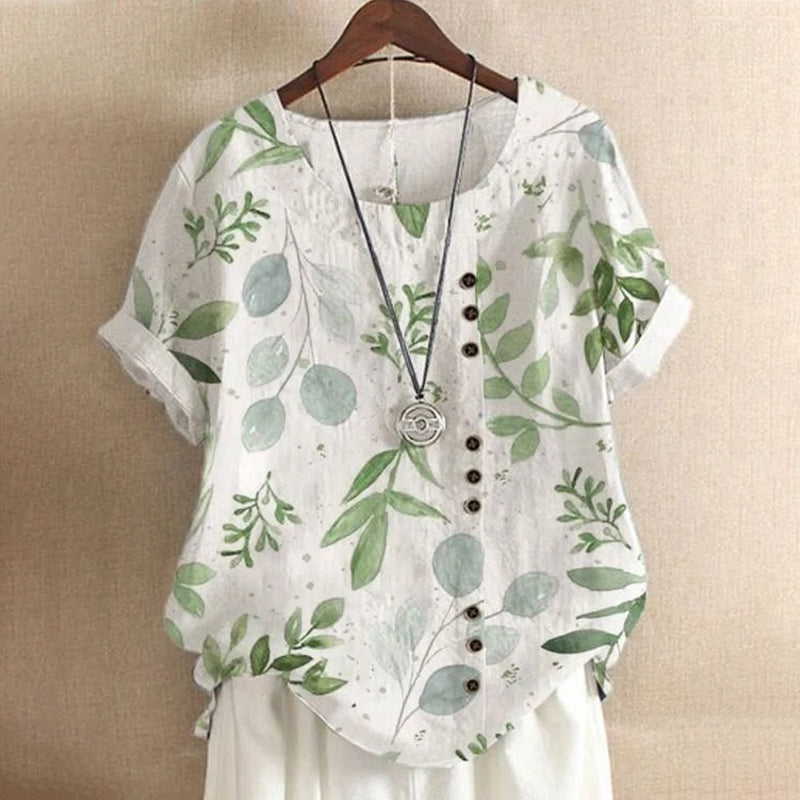 Women Cotton Linen Crew Neck Short Sleeve Tunic