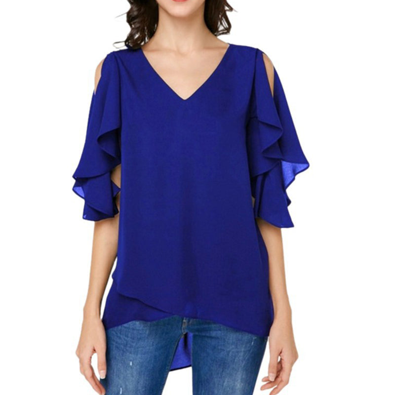 Women's Leaky Shoulder Lotus Leaf Sleeves Chiffon Top