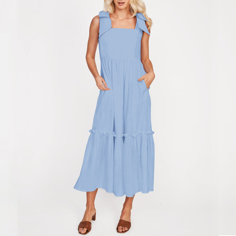 Plain Lace-Up Ruffle Dress