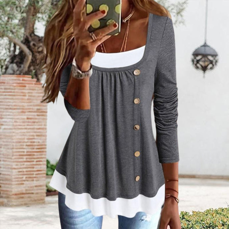 Round Neck Long Sleeve Color Block Button T-Shirt