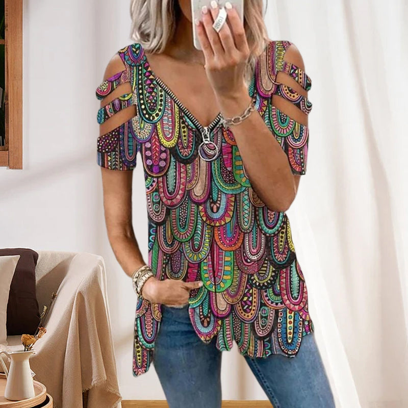 Zip V-neck Print T-shirt