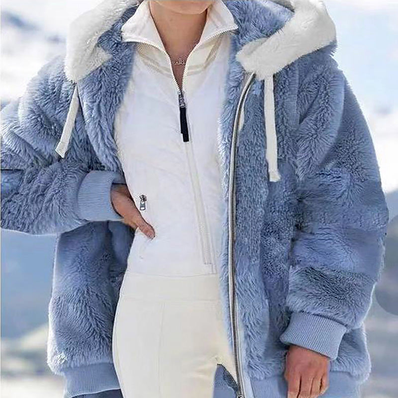 Women Loose plush zipper hooded jacket